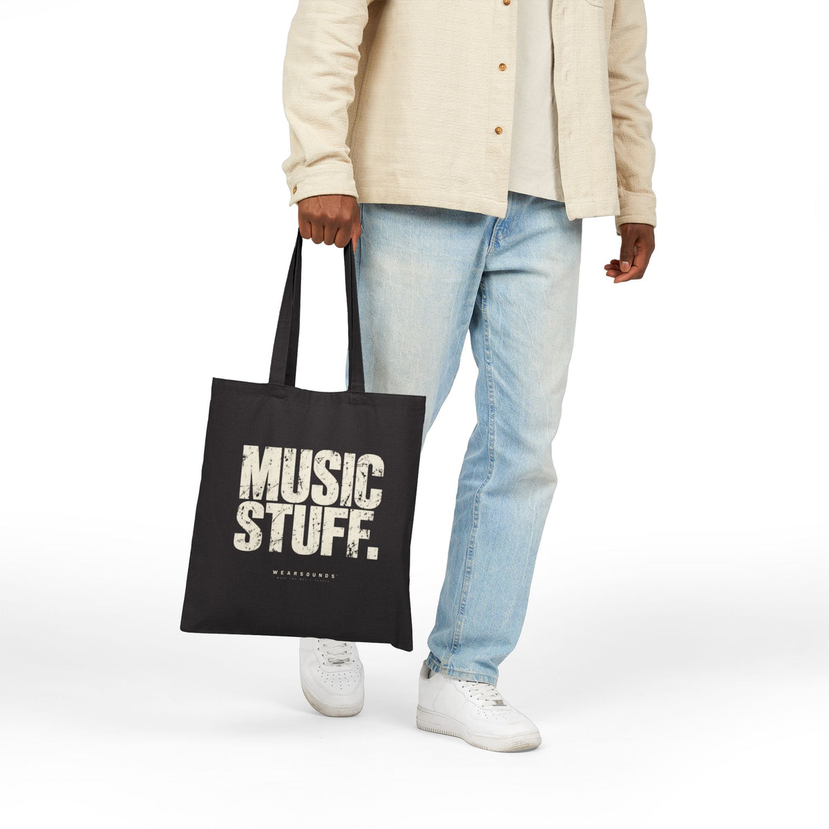 Music Stuff Canvas Tote Bag — Vintage Distressed Typography Music Lover Grocery Tote