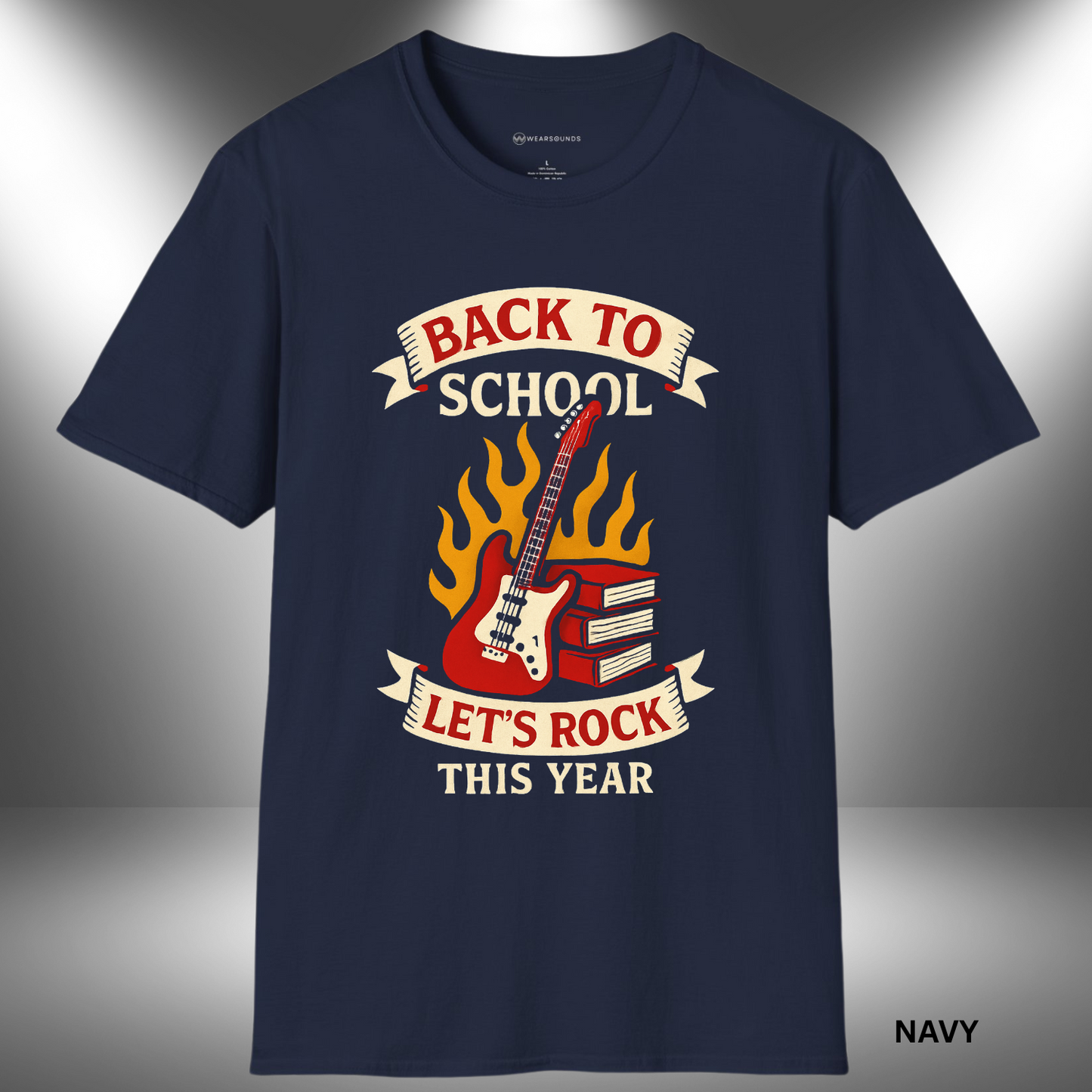 Vintage back-to-school t-shirt design with electric guitar, flames, and stacked books beneath banner text that reads ‘Back to School’ and ‘Let’s Rock This Year’