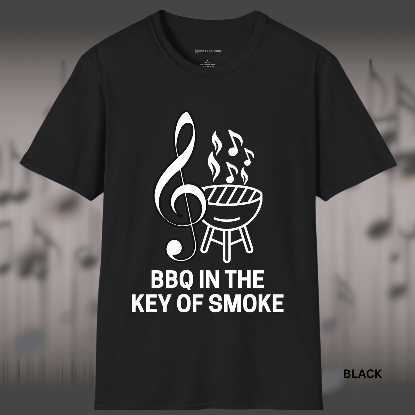 BBQ IN THE KEY OF SMOKE | T-SHIRT - 7 colors - 9 sizes | Light the coals and crank the tunes — grab this design now and bring harmony to your next cookout!