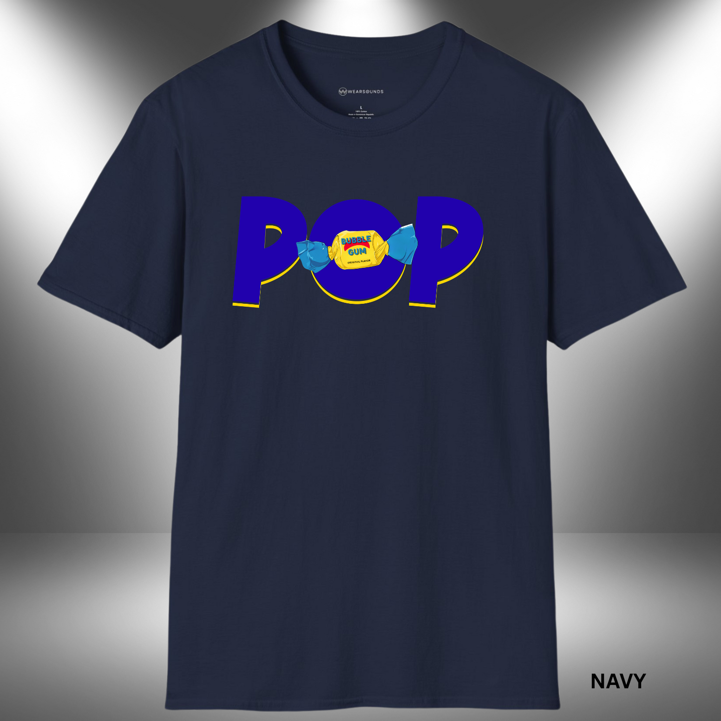 The word “POP” in large, bold blue letters with a yellow outline, featuring a wrapped piece of yellow and blue bubble gum replacing the “O.”