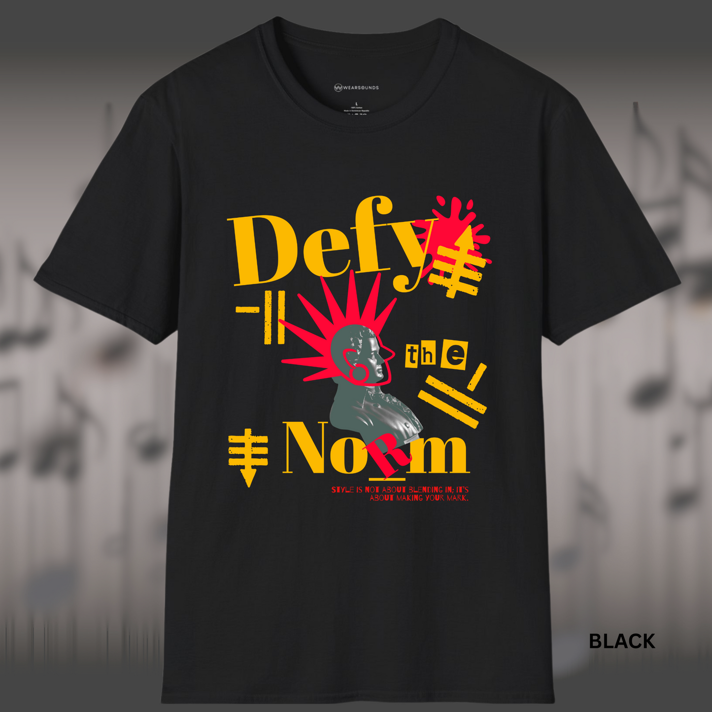 Bold street-style graphic of a classical statue bust with explosive red rays and graffiti symbols, featuring the phrase 'Defy the Norm' in stylized typography — a rebellious design promoting originality and self-expression.