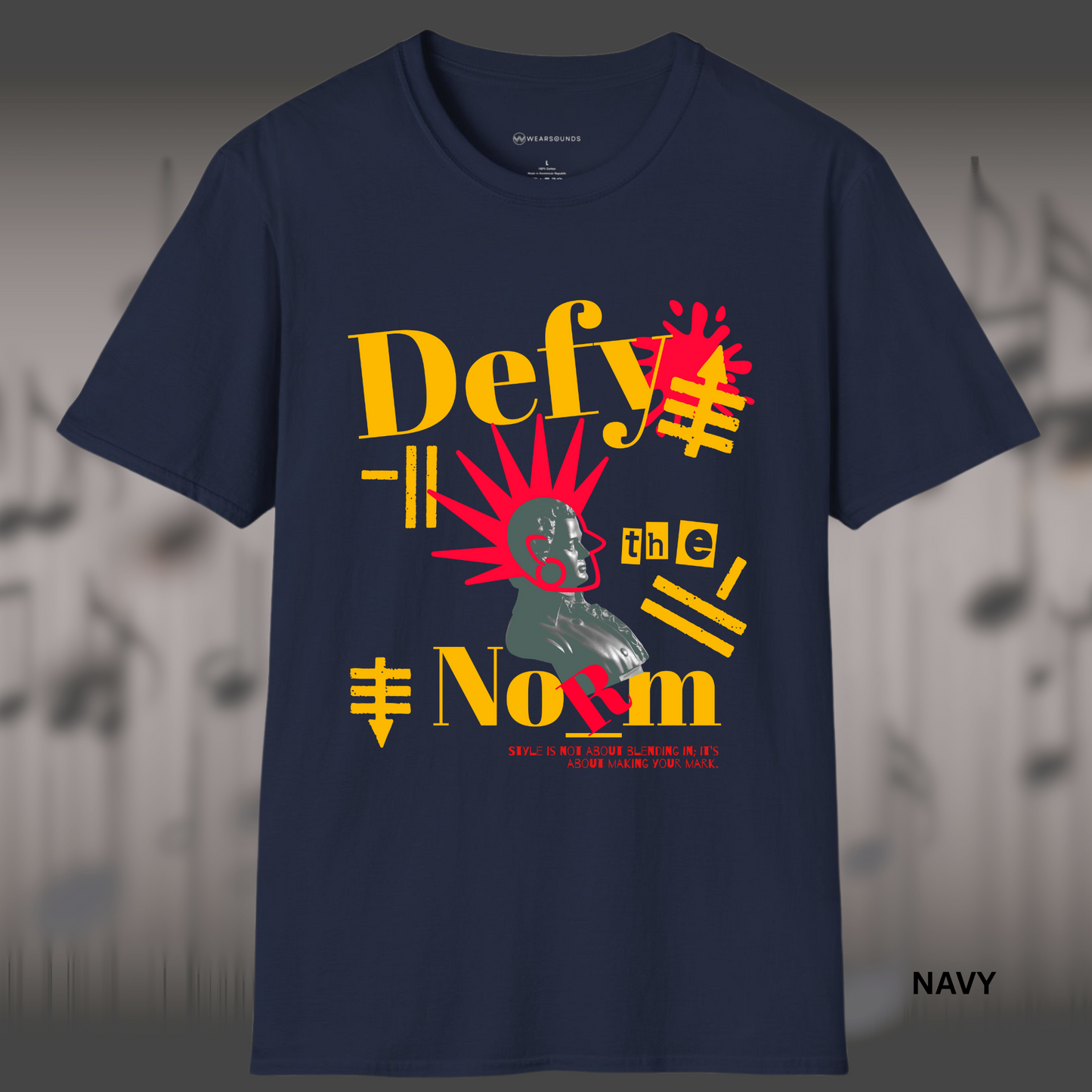 Bold street-style graphic of a classical statue bust with explosive red rays and graffiti symbols, featuring the phrase 'Defy the Norm' in stylized typography — a rebellious design promoting originality and self-expression.