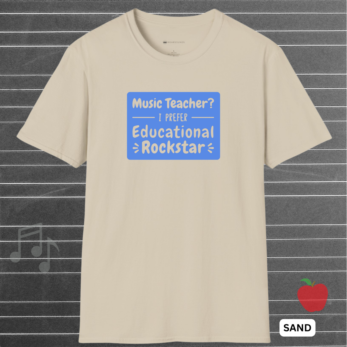 Beige t-shirt with blue text graphic on a striped background