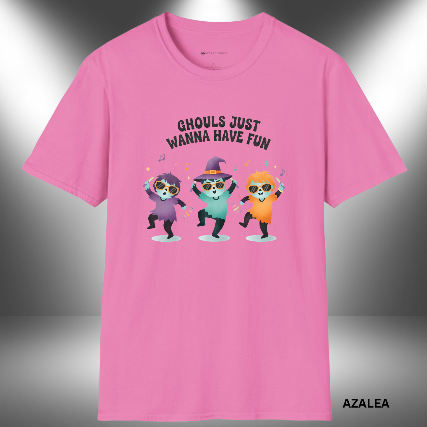 Cute cartoon graphic of three colorful dancing ghouls wearing sunglasses and costumes, surrounded by musical notes and sparkles, with the text “Ghouls Just Wanna Have Fun.”