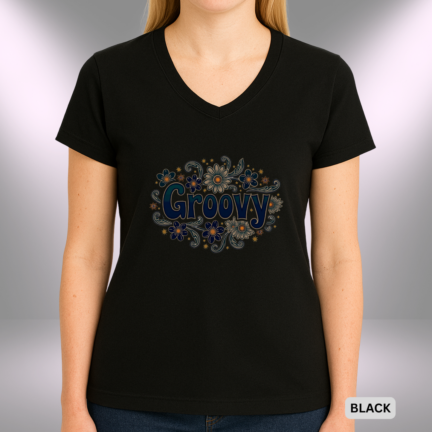 GROOVY | Lady's V-Neck | T-SHIRT - 7 colors - 4 sizes | Add some flower power to your wardrobe and let your inner grooviness shine. Shop the vibe today!