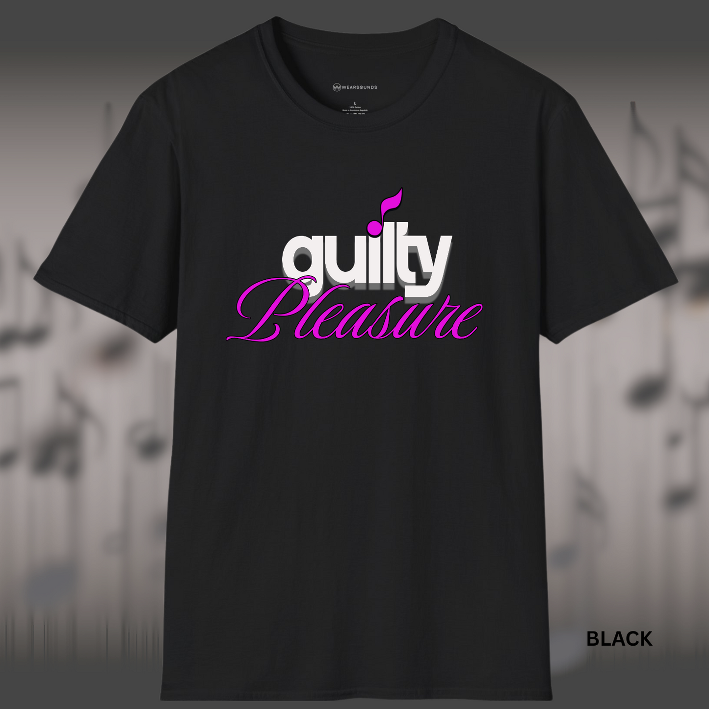 The phrase “guilty pleasure” in contrasting styles—“guilty” in bold white block letters with a shadow and a pink music note, and “pleasure” in flowing hot pink cursive script.