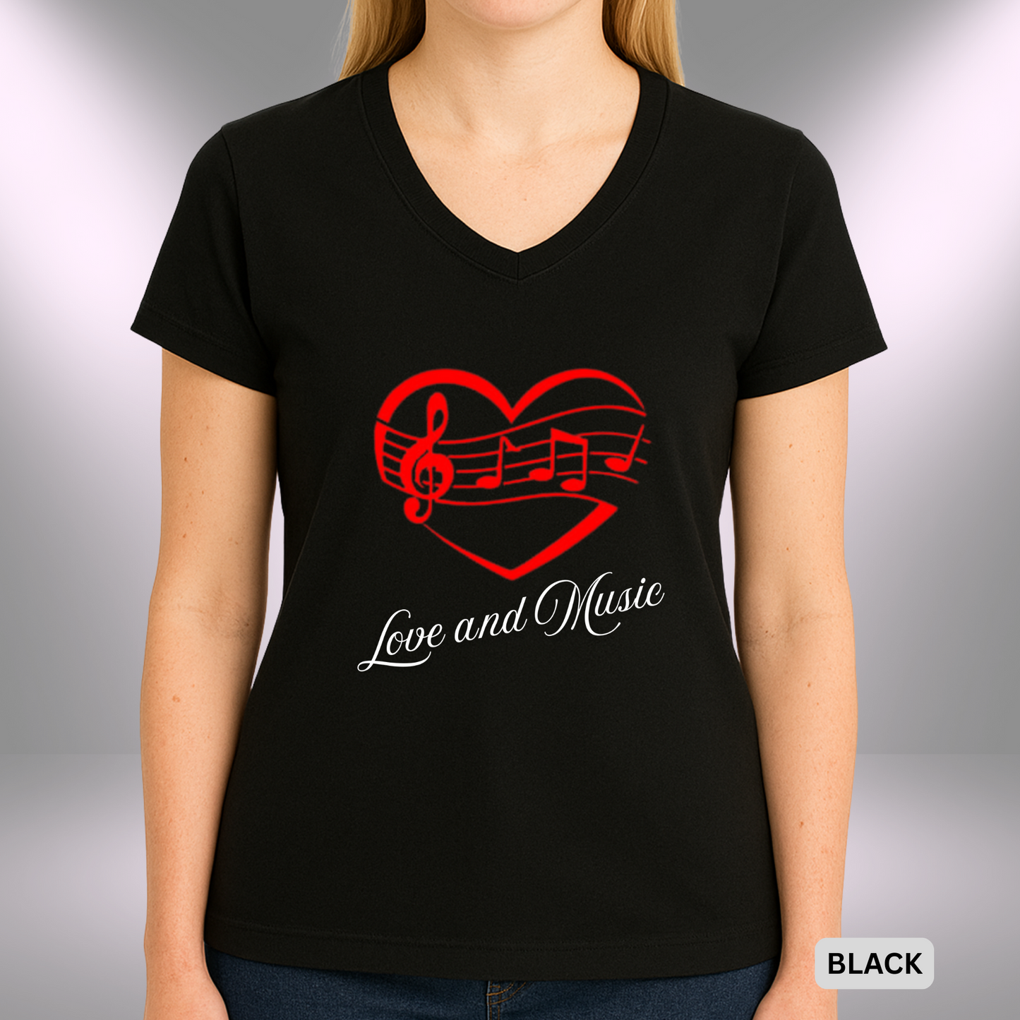 LOVE AND MUSIC (Heart) | Lady's V-Neck | T-SHIRT - 7 colors - 4 sizes