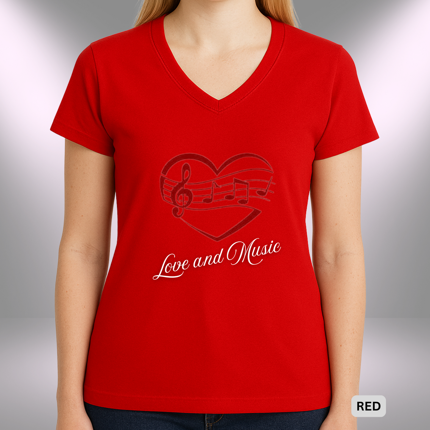 LOVE AND MUSIC (Heart) | Lady's V-Neck | T-SHIRT - 7 colors - 4 sizes