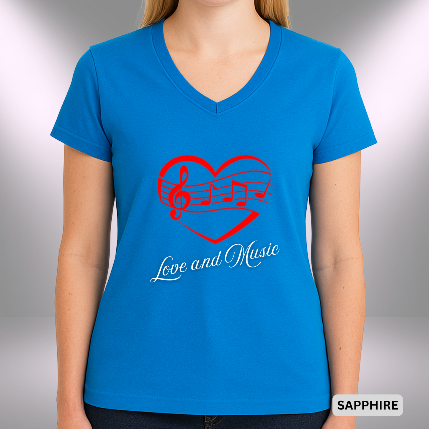 LOVE AND MUSIC (Heart) | Lady's V-Neck | T-SHIRT - 7 colors - 4 sizes