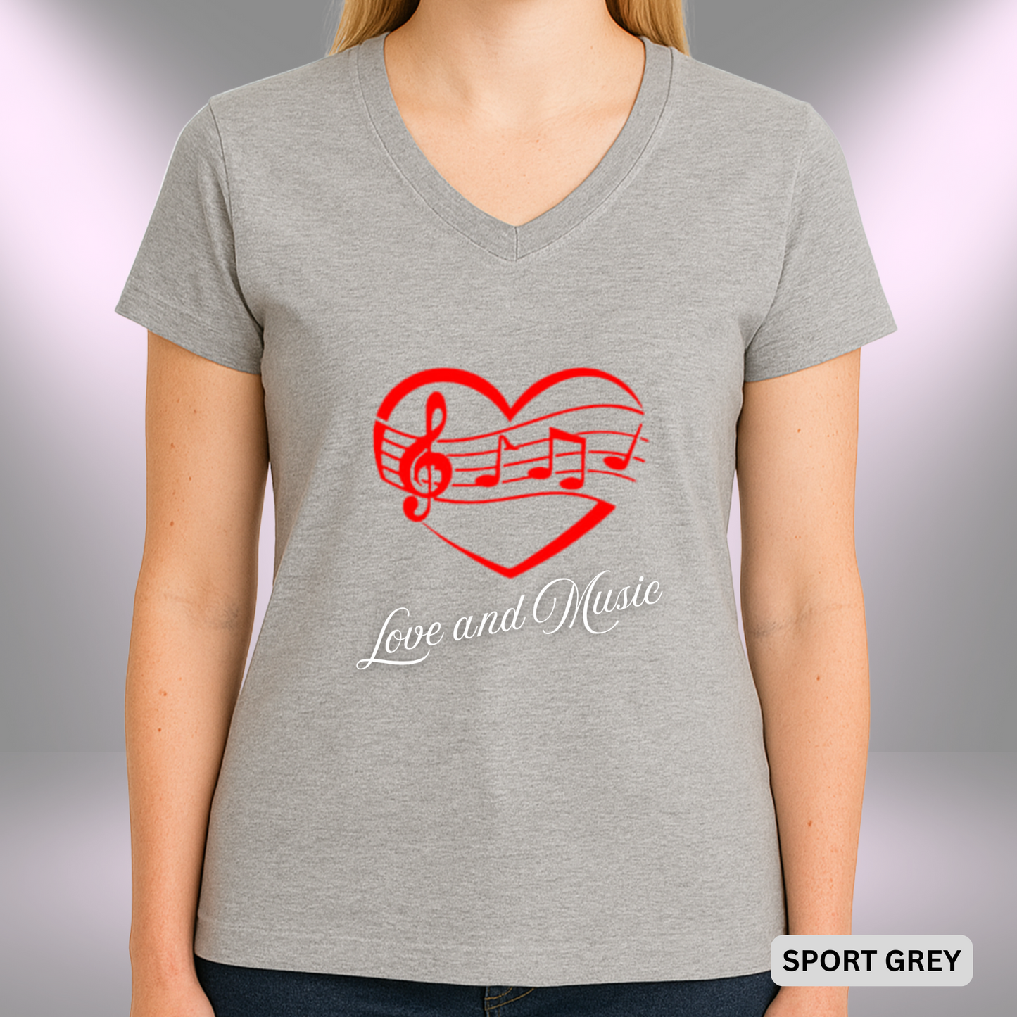 LOVE AND MUSIC (Heart) | Lady's V-Neck | T-SHIRT - 7 colors - 4 sizes