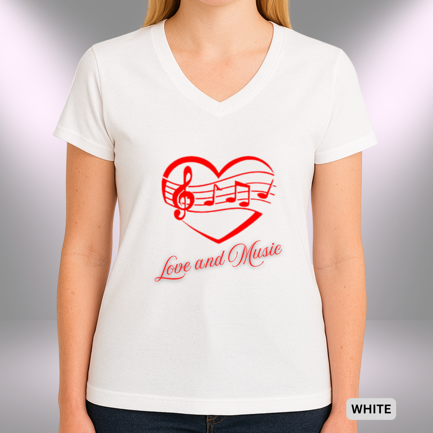 LOVE AND MUSIC (Heart) | Lady's V-Neck | T-SHIRT - 7 colors - 4 sizes
