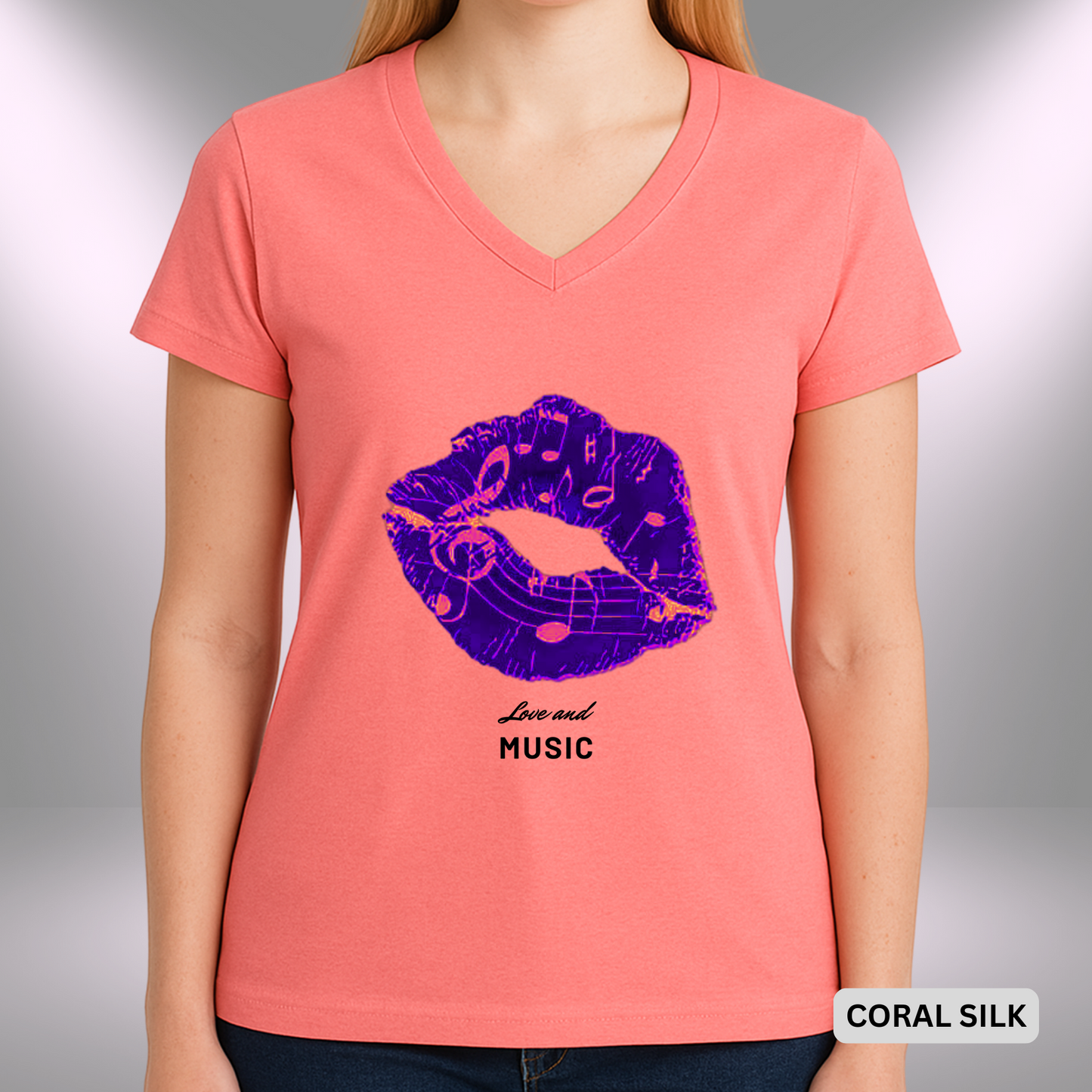 LOVE AND MUSIC (KISS) | Lady's V-Neck | T-SHIRT - 7 colors - 4 sizes