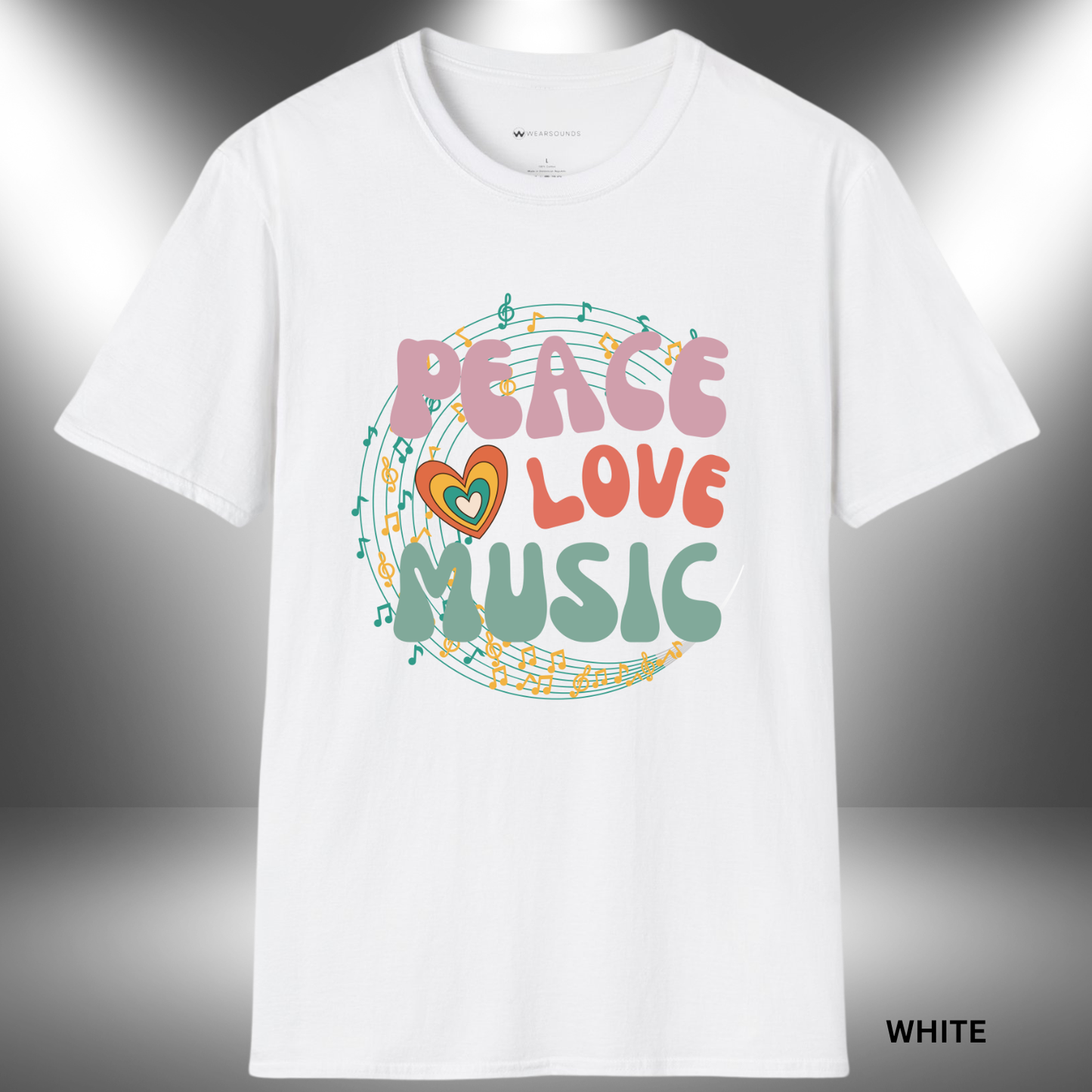 PEACE LOVE MUSIC | T-SHIRT - 6 colors - 9 sizes | Perfect for: Music lovers, Festival and concert fans, Anyone who believes music connects hearts