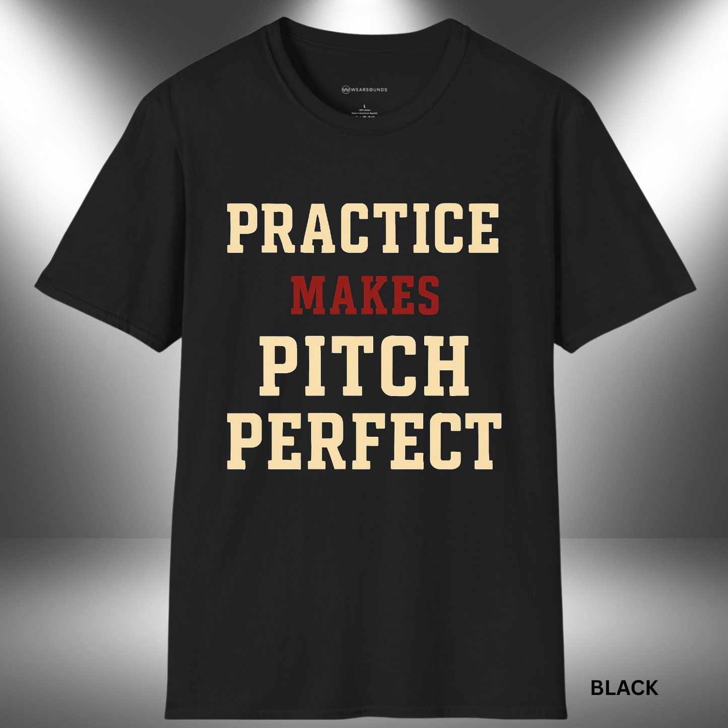 Text-based graphic reading “Practice Makes Pitch Perfect” in bold block letters. “MAKES” is in red, while the rest of the text is in cream on a black background.