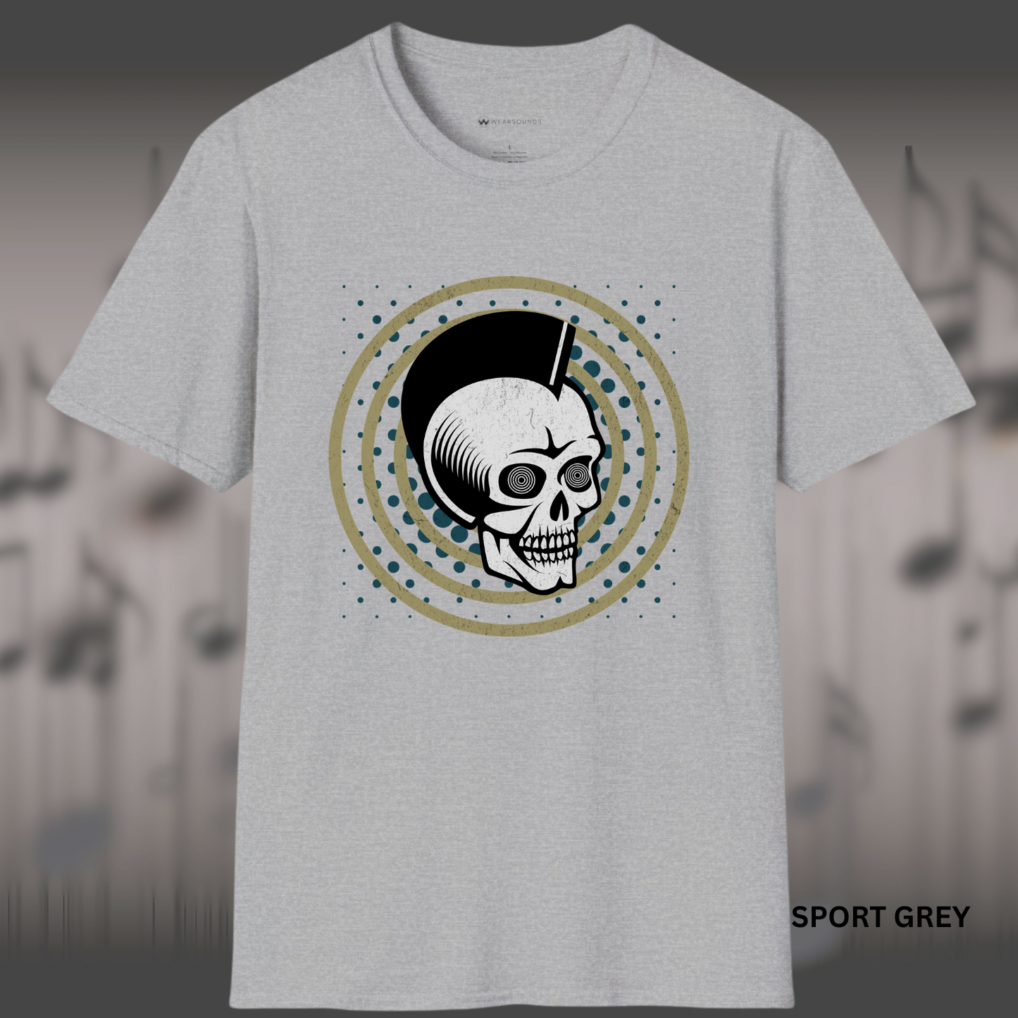 “Distressed white skull with hypnotic spiral eyes and mohawk silhouette centered inside tan concentric rings with blue dot splatter