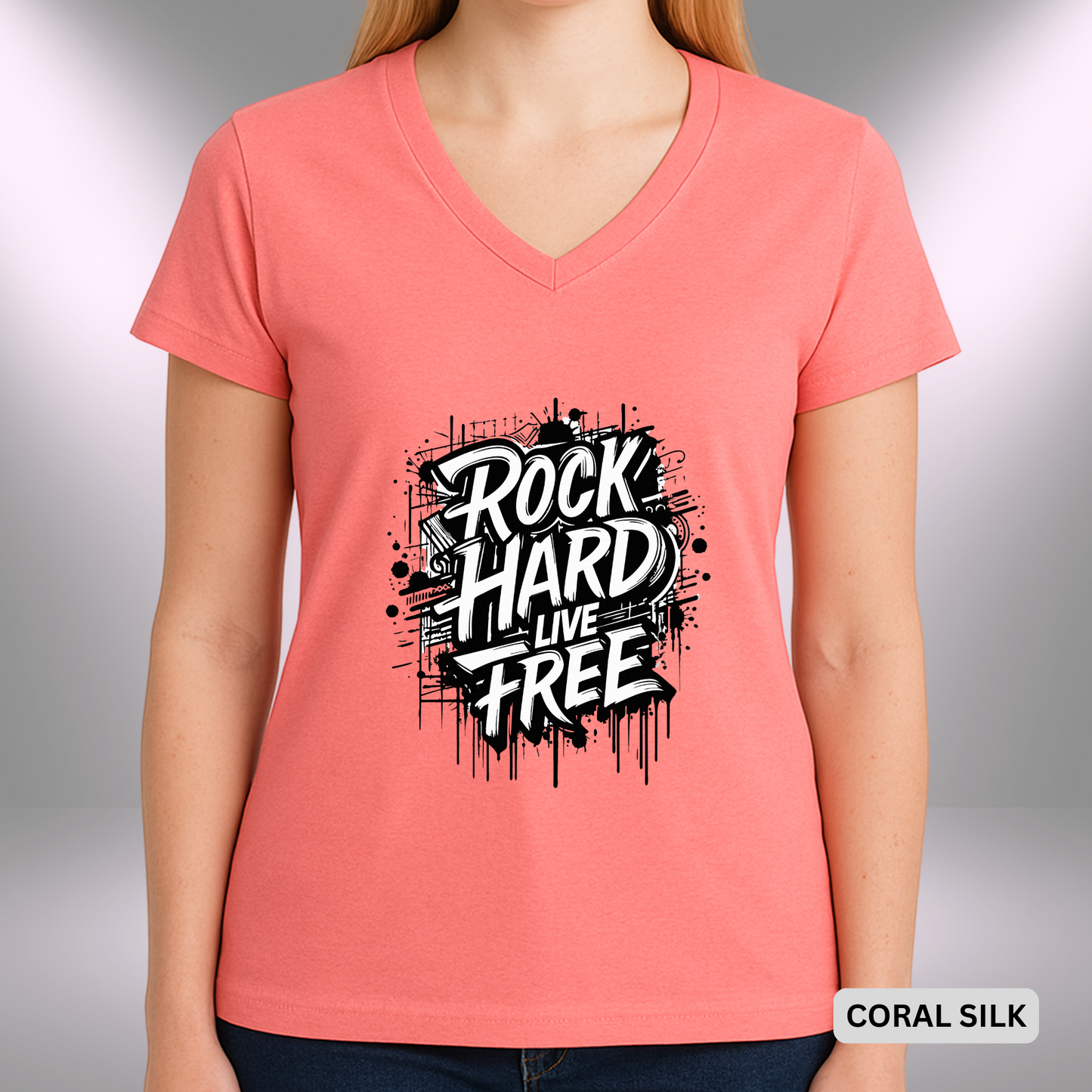ROCK HARD - LIVE FREE | Lady's V-Neck | T-SHIRT - 7 colors - 4 sizes