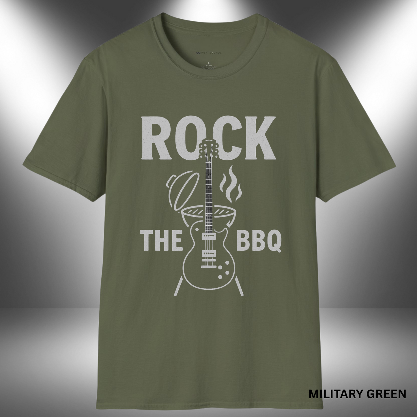 Monochrome illustration featuring an electric guitar integrated into a BBQ grill with steam rising, accompanied by bold text that reads "ROCK THE BBQ."