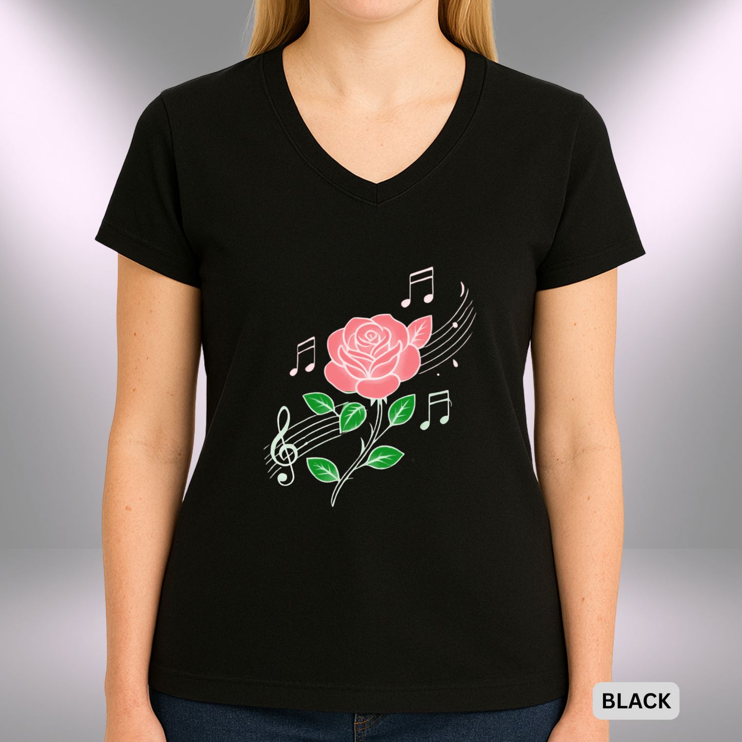 ROSE MUSIC (Red Flower) | Lady's V-Neck | T-SHIRT - Limited colors - 4 sizes