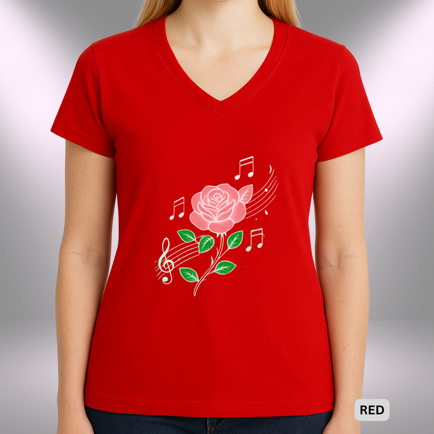 ROSE MUSIC (Red Flower) | Lady's V-Neck | T-SHIRT - Limited colors - 4 sizes