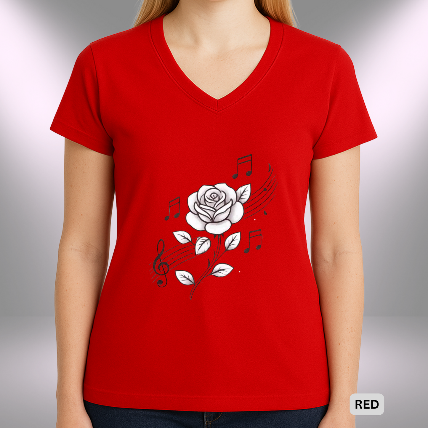 ROSE MUSIC (WHITE) | Lady's V-Neck | T-SHIRT - Limited colors - 4 sizes