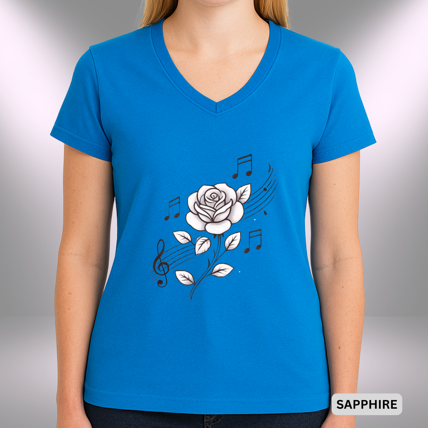 ROSE MUSIC (WHITE) | Lady's V-Neck | T-SHIRT - Limited colors - 4 sizes
