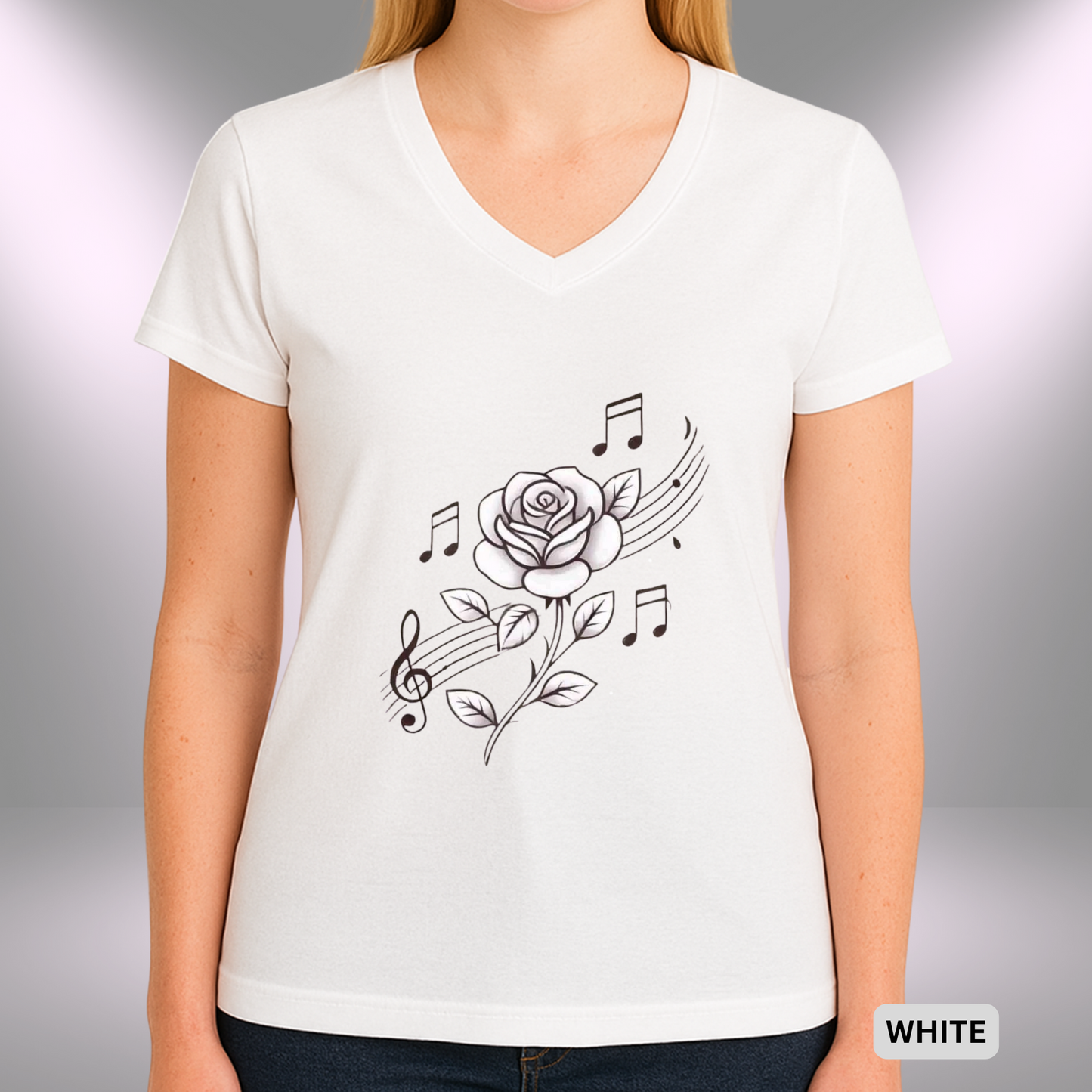 ROSE MUSIC (WHITE) | Lady's V-Neck | T-SHIRT - Limited colors - 4 sizes
