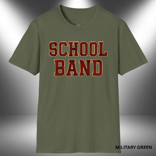 Military green t-shirt with 'SCHOOL BAND' text on a gray background