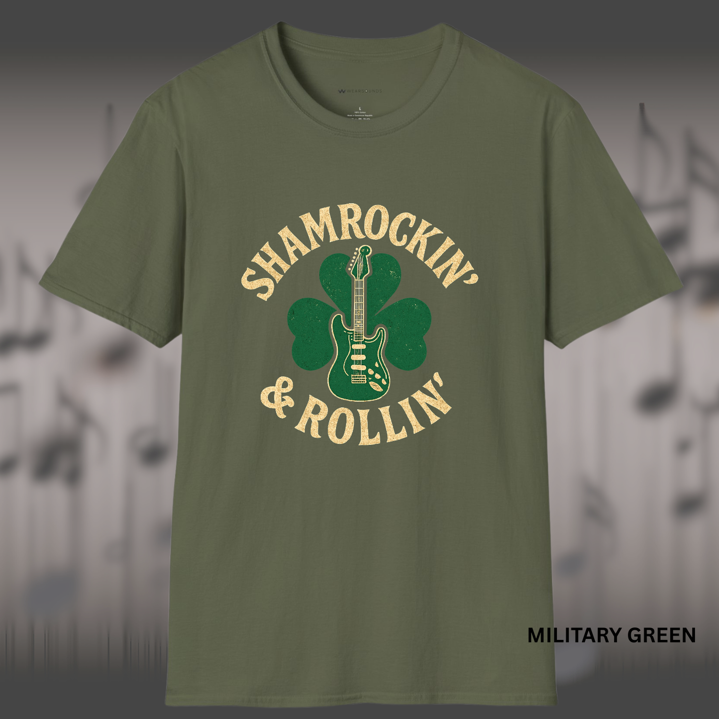 SHAMROCKIN & ROLLIN | T-SHIRT - 3 colors - 9 sizes | St. Patrick’s Day Guitar Shirt, version 2