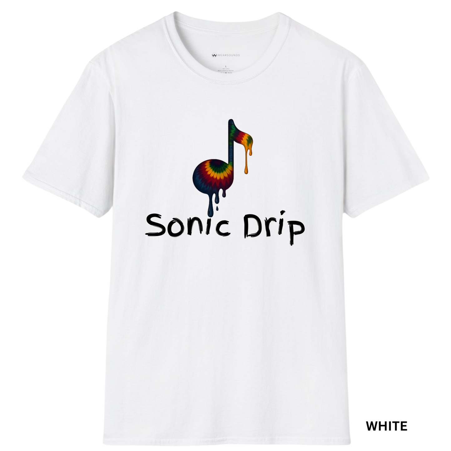 A single eighth note filled with a vibrant rainbow tie-dye pattern, melting with colorful drips