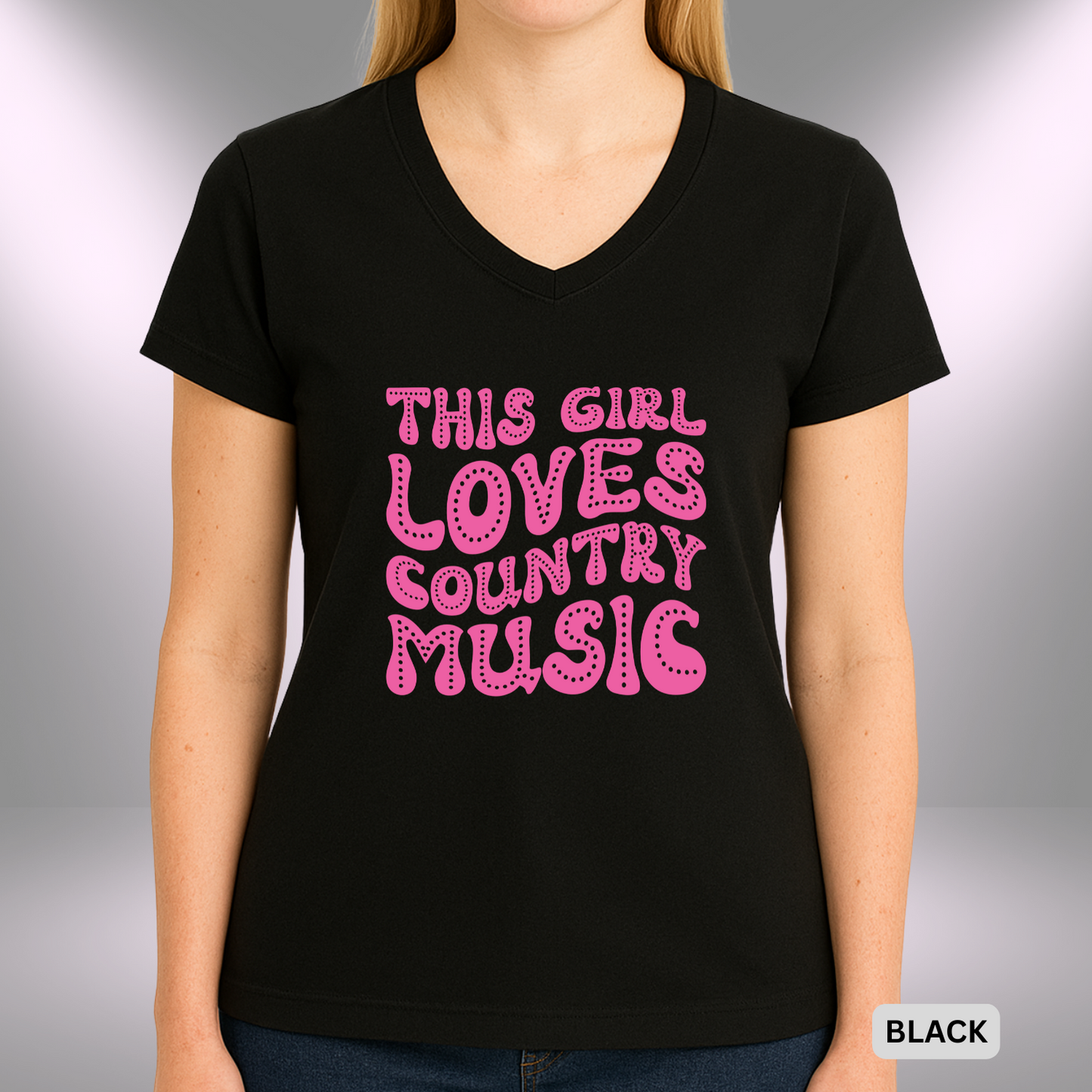 THIS GIRL LOVES COUNTRY MUSIC | Lady's V-Neck | T-SHIRT - 7 colors - 4 sizes | Turn it up and sing it loud—this girl definitely loves her country music. 💙🎶