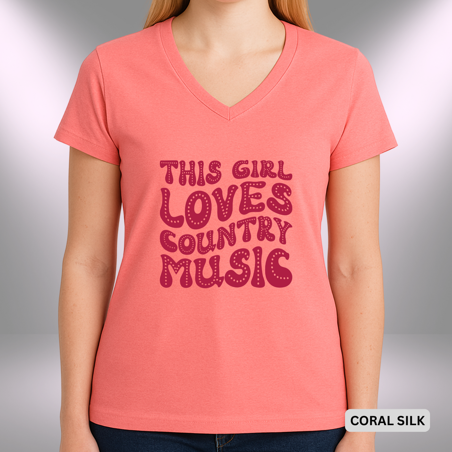 THIS GIRL LOVES COUNTRY MUSIC | Lady's V-Neck | T-SHIRT - 7 colors - 4 sizes | Turn it up and sing it loud—this girl definitely loves her country music. 💙🎶