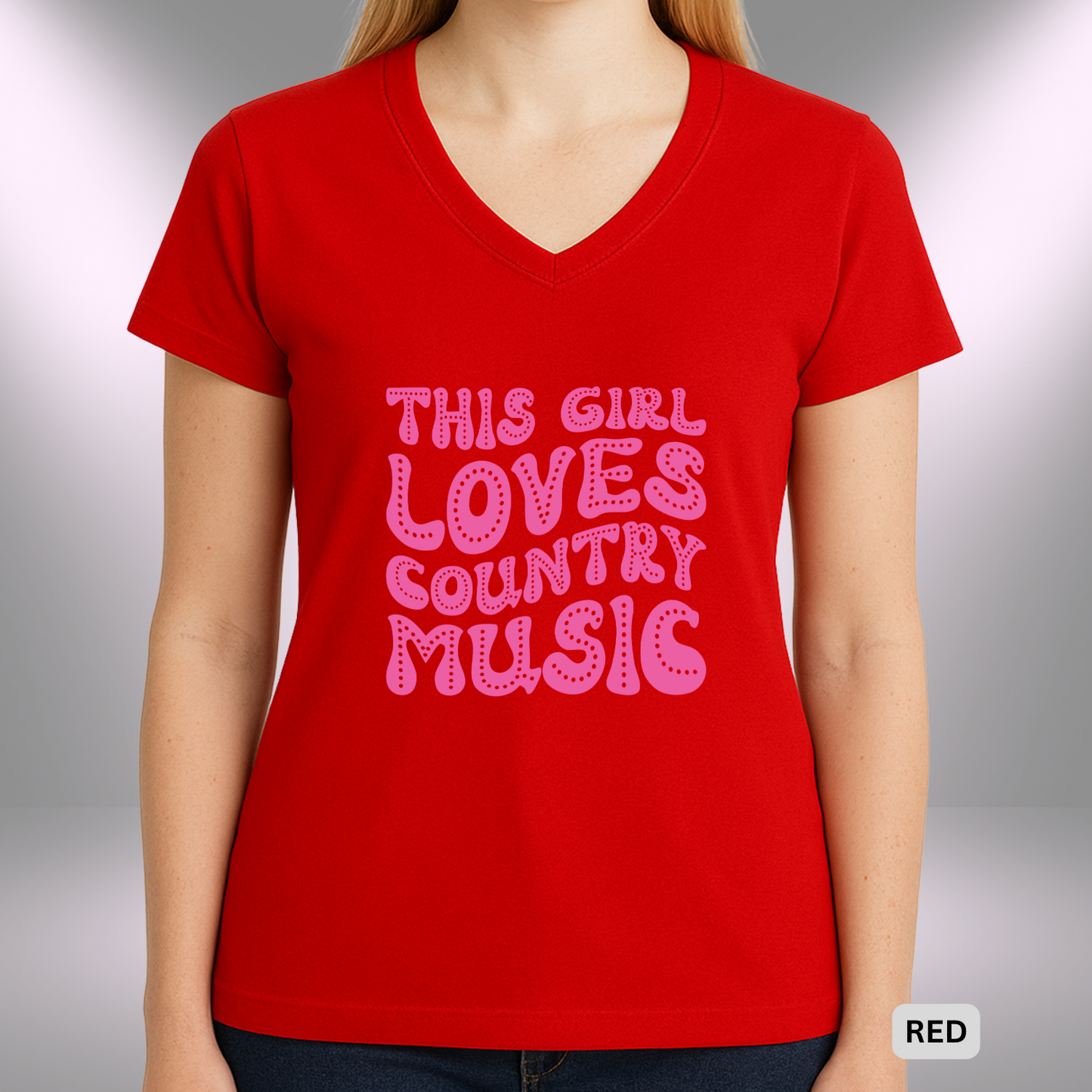 THIS GIRL LOVES COUNTRY MUSIC | Lady's V-Neck | T-SHIRT - 7 colors - 4 sizes | Turn it up and sing it loud—this girl definitely loves her country music. 💙🎶