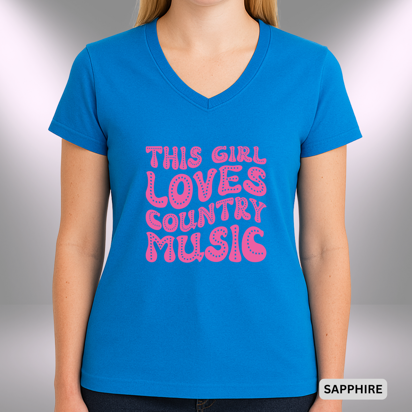 THIS GIRL LOVES COUNTRY MUSIC | Lady's V-Neck | T-SHIRT - 7 colors - 4 sizes | Turn it up and sing it loud—this girl definitely loves her country music. 💙🎶