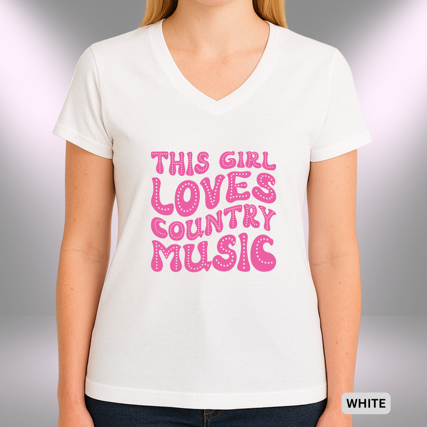 THIS GIRL LOVES COUNTRY MUSIC | Lady's V-Neck | T-SHIRT - 7 colors - 4 sizes | Turn it up and sing it loud—this girl definitely loves her country music. 💙🎶