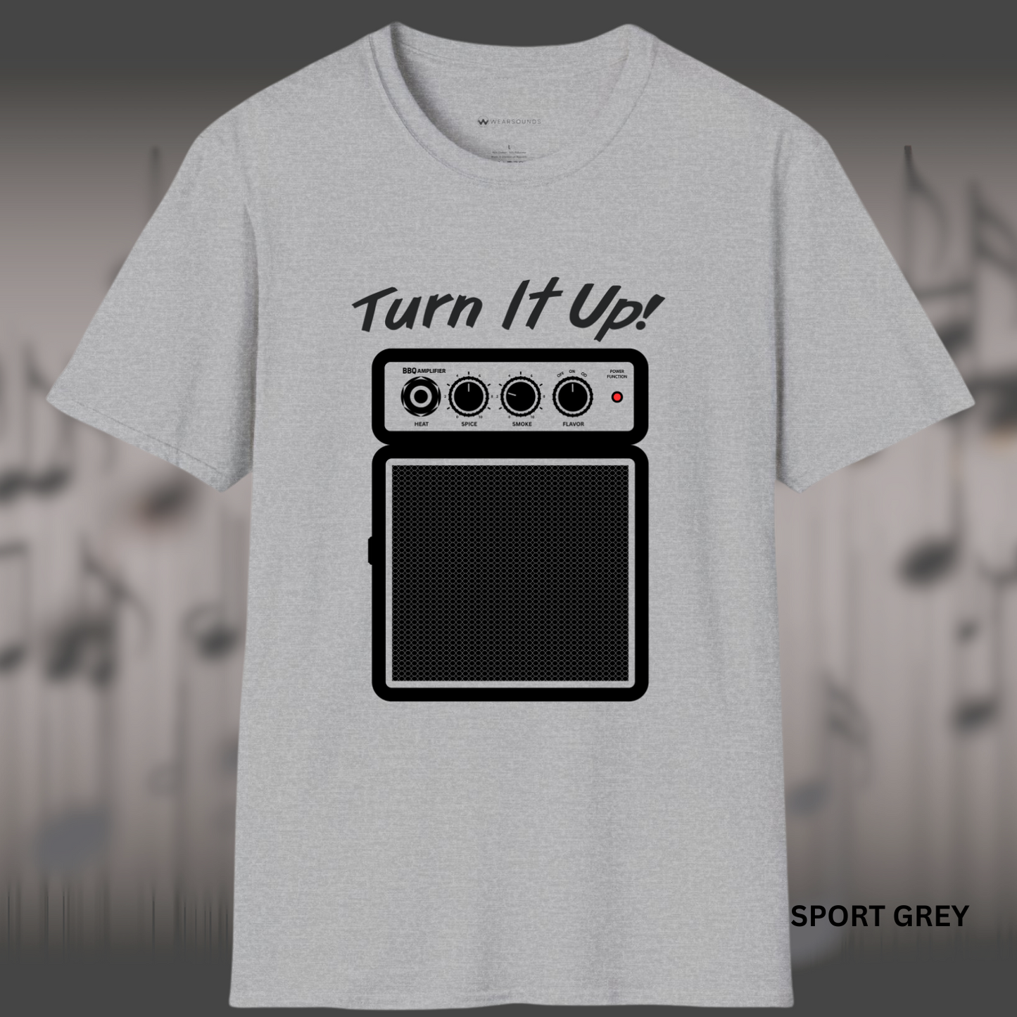 Illustration of a guitar amp-style knob labeled “Smoke,” “Spice,” and “Flavor,” with a red dot indicating max volume, and the phrase “Turn It Up!” above in bold script