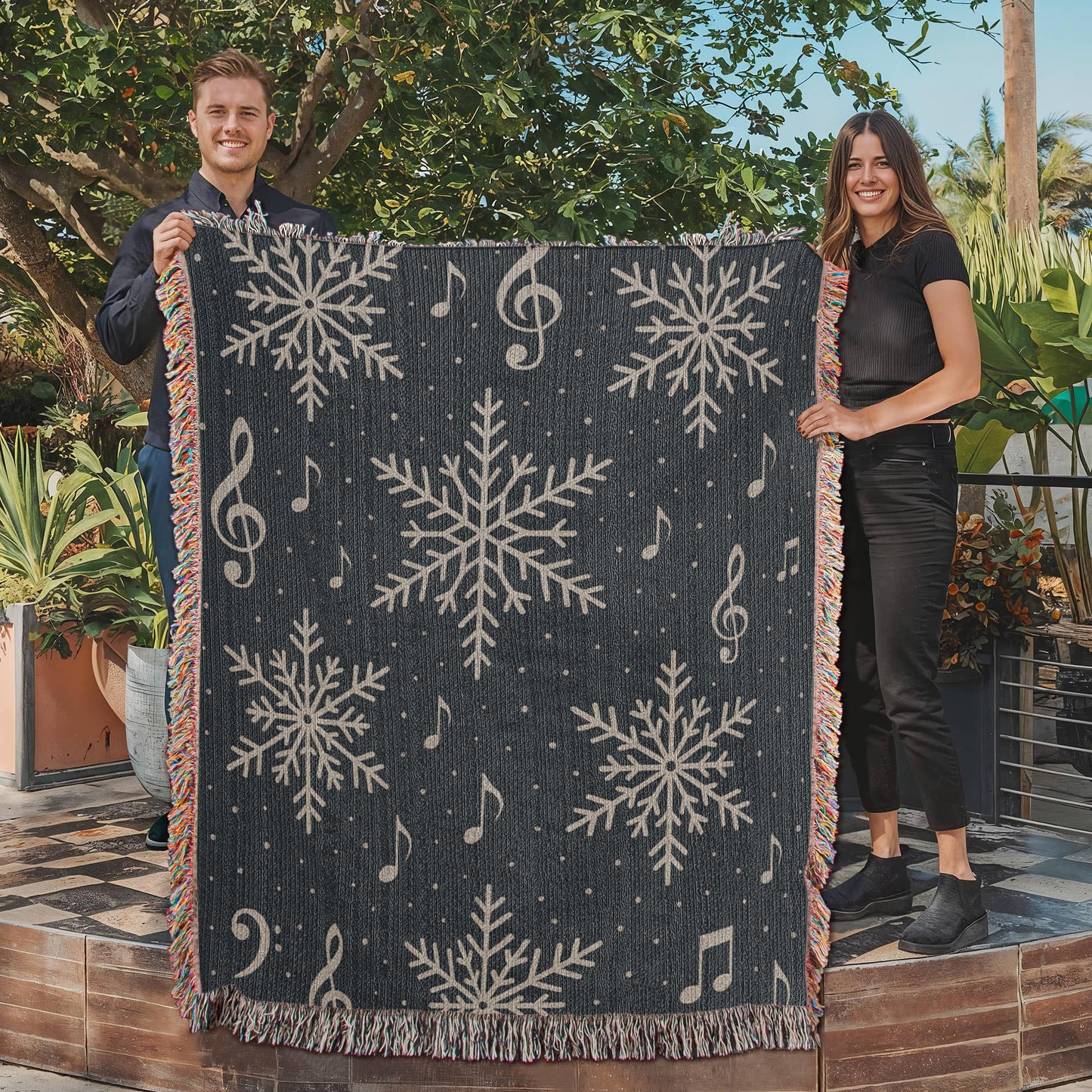 Snowfall Symphony – Music & Winter Woven Blanket