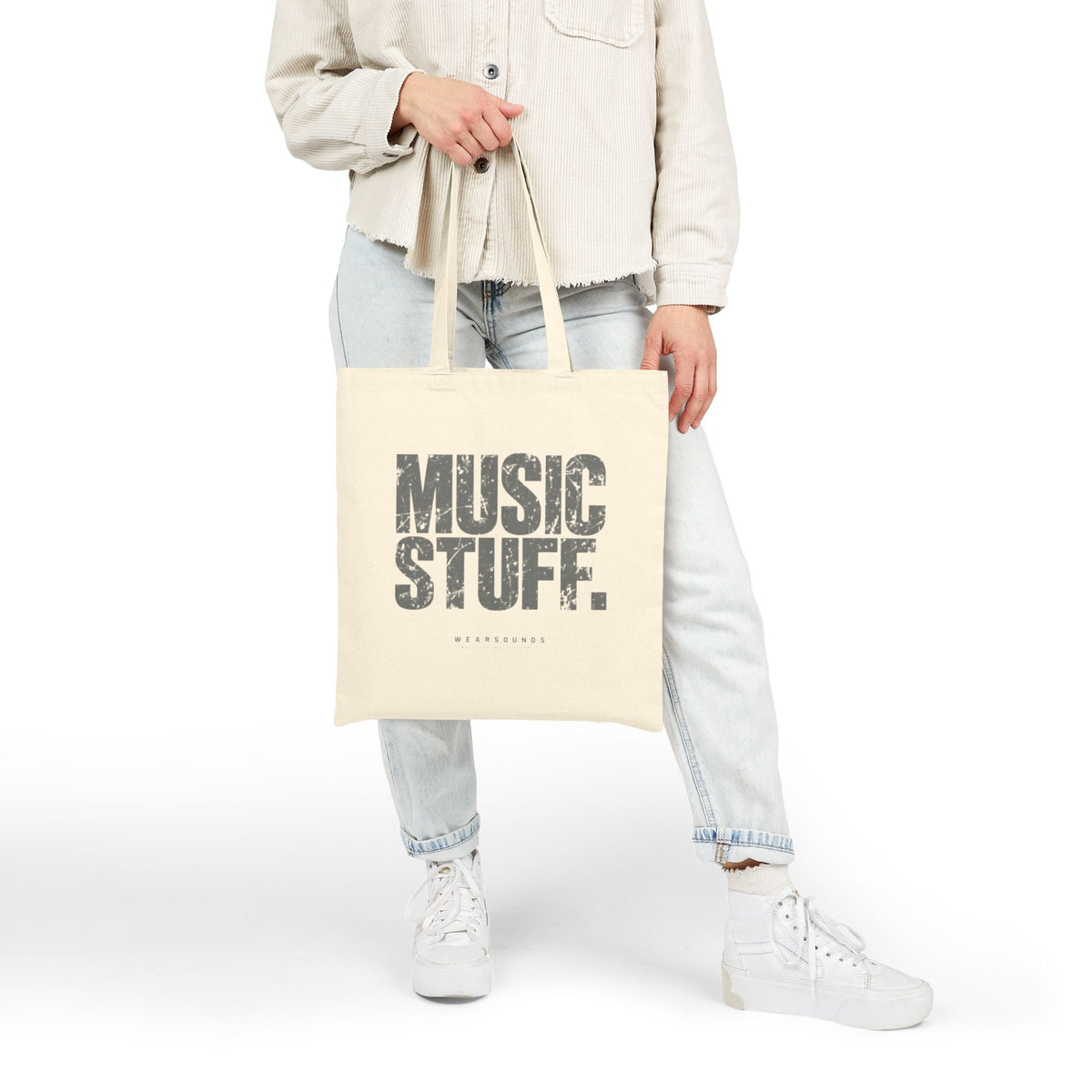 Music Stuff Canvas Tote Bag — Vintage Distressed Typography Music Lover Grocery Tote