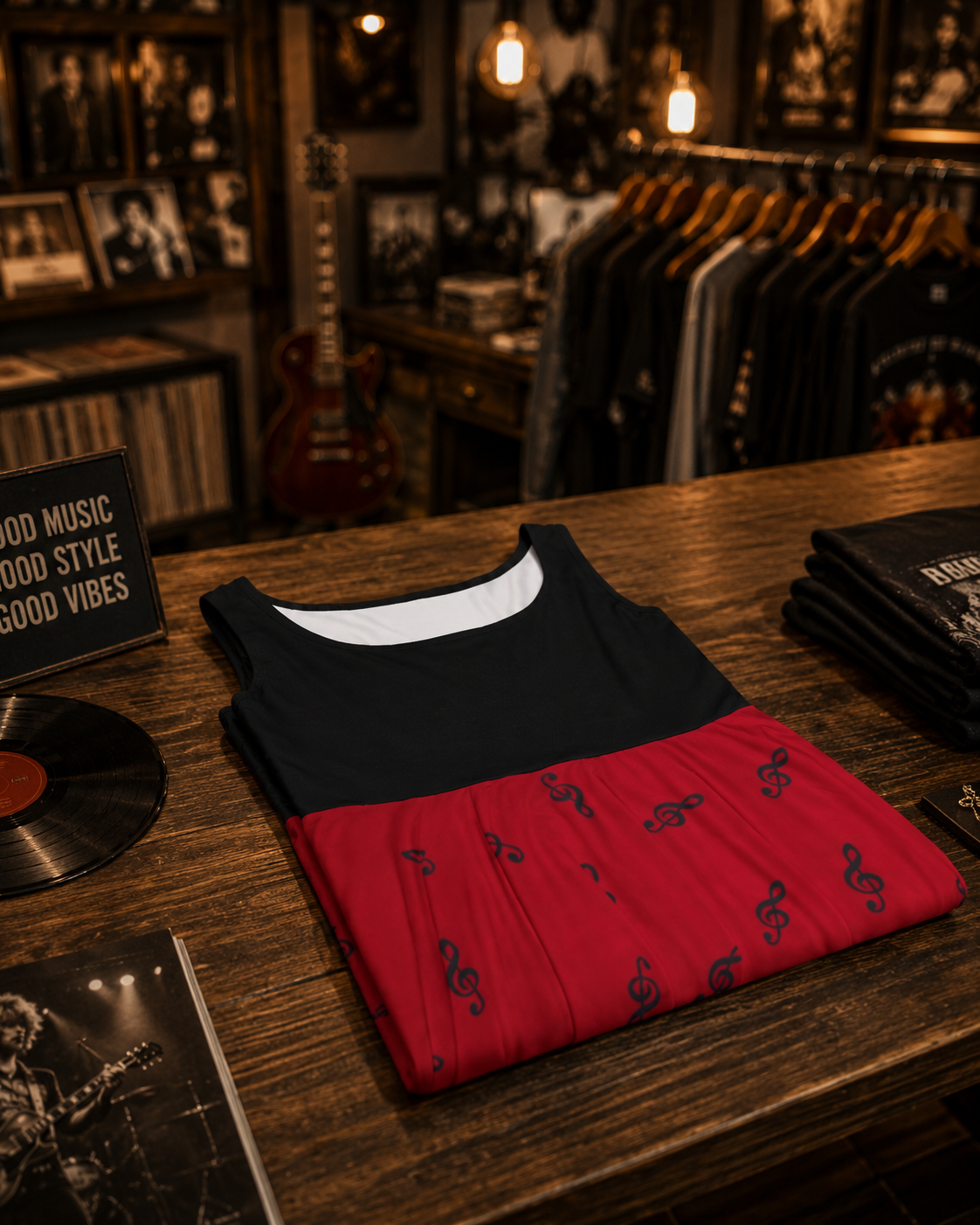 TREBLE CLEF MUSIC DRESS – Red & Black Sleeveless Boutique Style Skater Dress