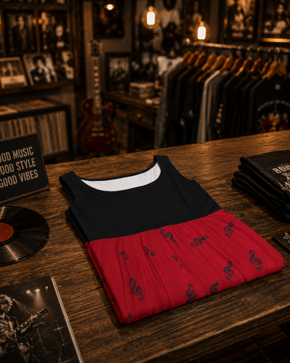 TREBLE CLEF MUSIC DRESS – Red & Black Sleeveless Boutique Style Skater Dress
