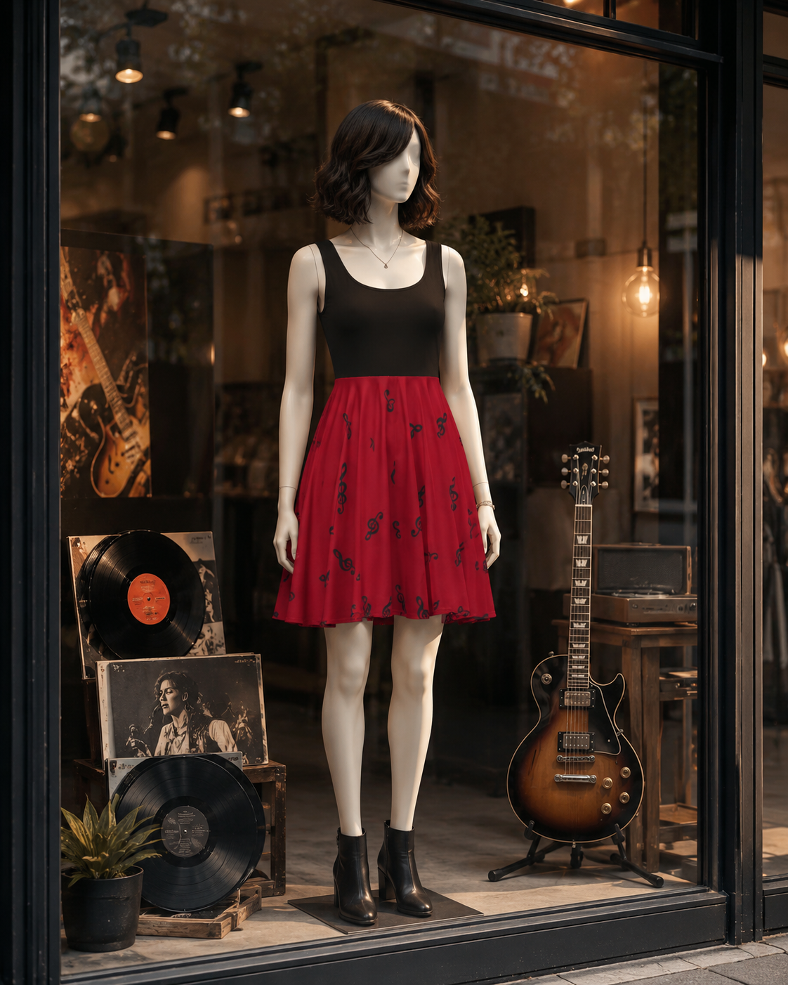 TREBLE CLEF MUSIC DRESS – Red & Black Sleeveless Boutique Style Skater Dress