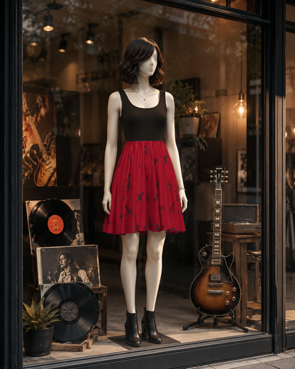 TREBLE CLEF MUSIC DRESS – Red & Black Sleeveless Boutique Style Skater Dress