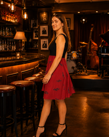 TREBLE CLEF MUSIC DRESS – Red & Black Sleeveless Boutique Style Skater Dress
