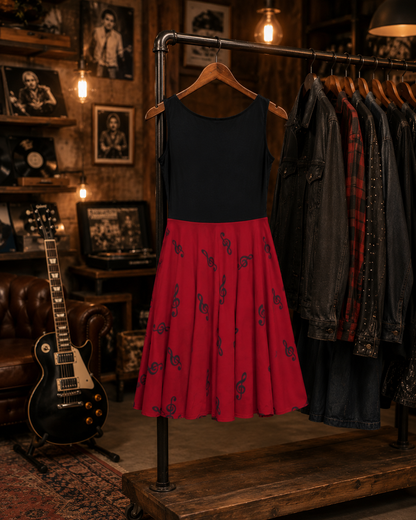 TREBLE CLEF MUSIC DRESS – Red & Black Sleeveless Boutique Style Skater Dress