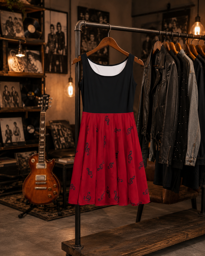 TREBLE CLEF MUSIC DRESS – Red & Black Sleeveless Boutique Style Skater Dress