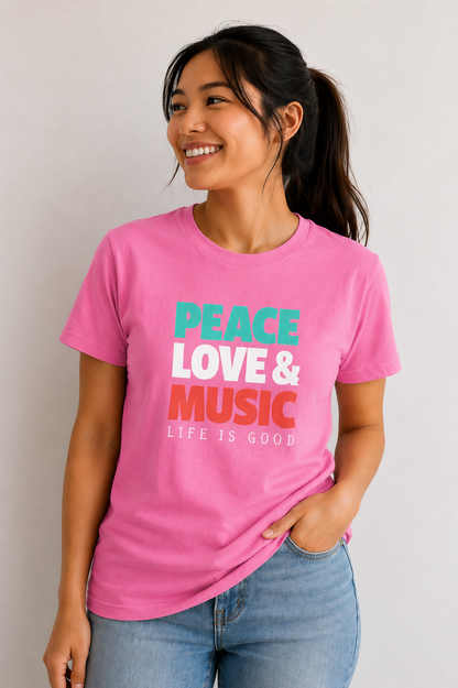 PEACE - LOVE & MUSIC - LIFE IS GOOD  | T-SHIRT - 6 colors - 9 sizes  |  Life if Good Music Lover Graphic Tee