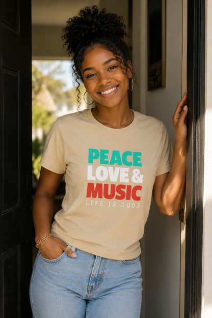 PEACE - LOVE & MUSIC - LIFE IS GOOD  | T-SHIRT - 6 colors - 9 sizes  |  Life if Good Music Lover Graphic Tee