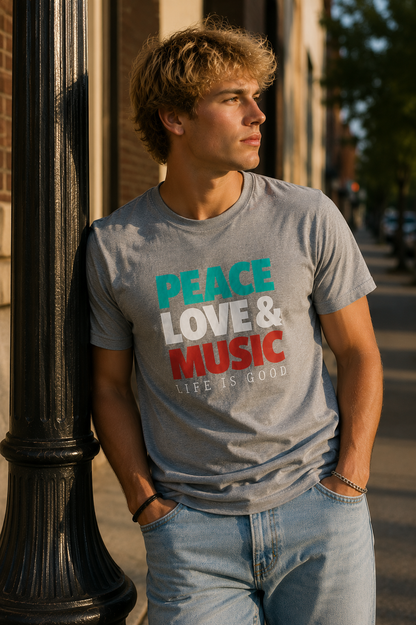 PEACE - LOVE & MUSIC - LIFE IS GOOD  | T-SHIRT - 6 colors - 9 sizes  |  Life if Good Music Lover Graphic Tee