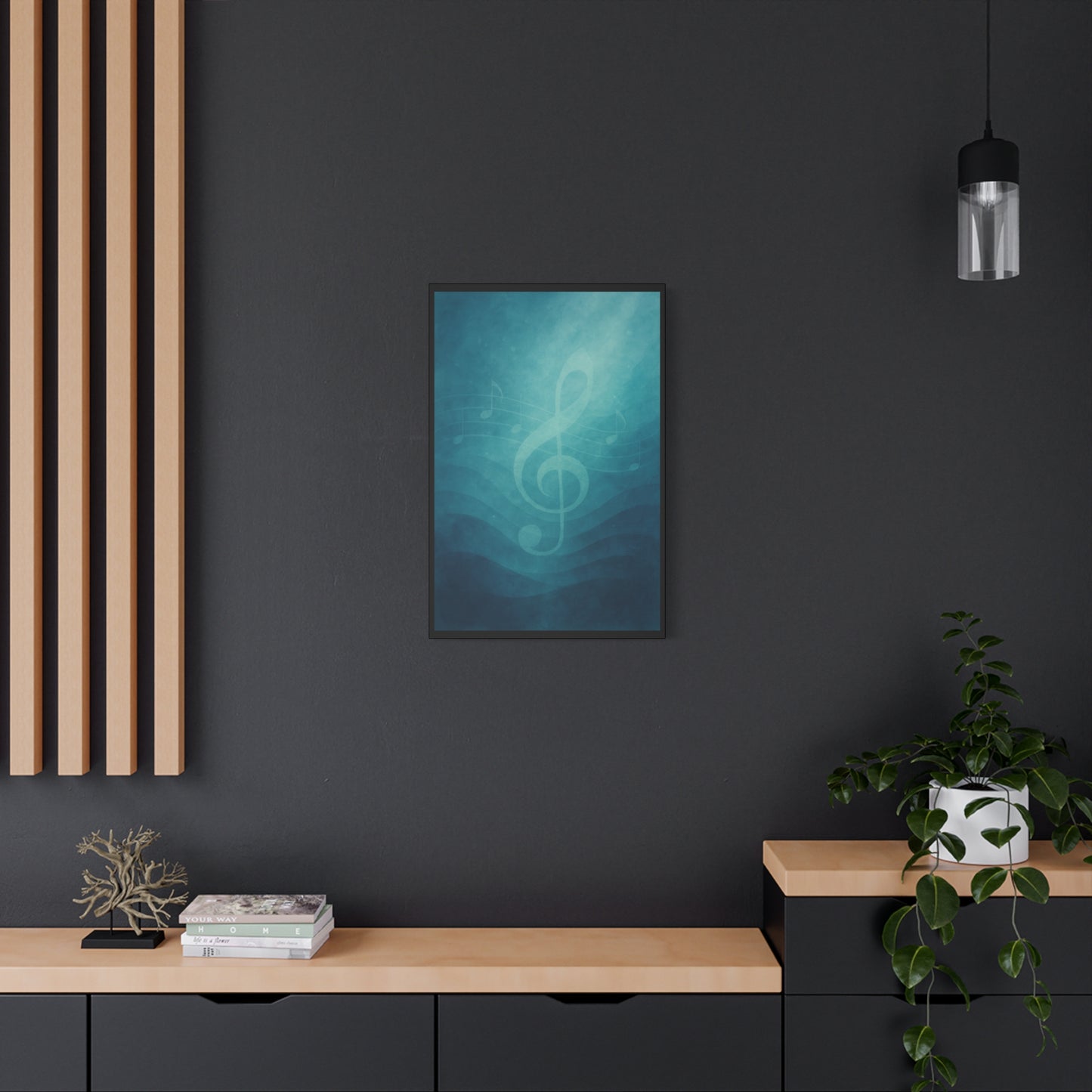 MELODY IN BLUE - TREBLE | Canvas Print, Music Decor,  Abstract wall art featuring a translucent treble clef and flowing musical staff - 20" x 30" (vertical) - Gift for Musicians, Room Decor, Recording Studios,