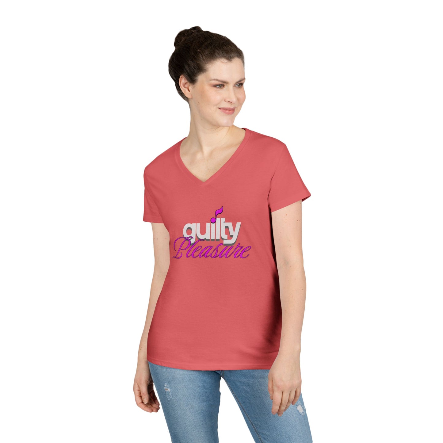 GUILTY PLEASURE |  Lady's V-Neck  | T-SHIRT - 6 colors - 4 sizes | Celebrate your sound with a wink and a vibe.