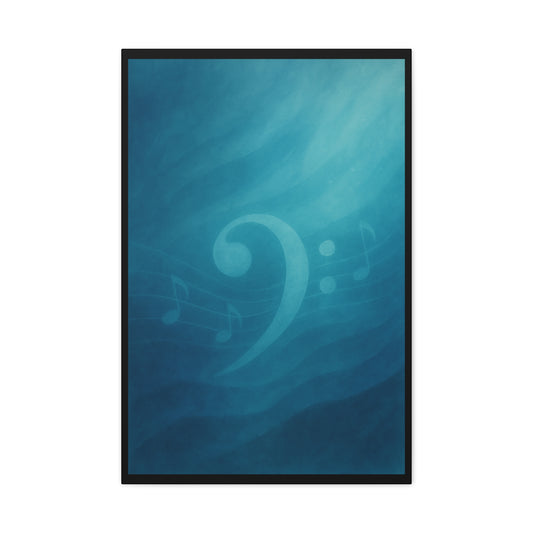 MELODY IN BLUE - BASS  | Canvas Print, Music Decor,  Abstract wall art featuring a translucent bass clef and flowing musical staff - 20" x 30" (vertical) - Gift for Musicians, Room Decor, Recording Studios,